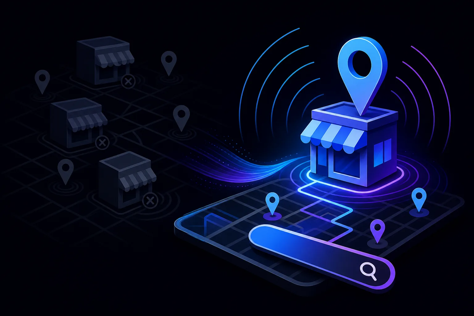 Glowing 3D store icon with location pin on a digital map interface; dimmed competing stores with X marks in background.