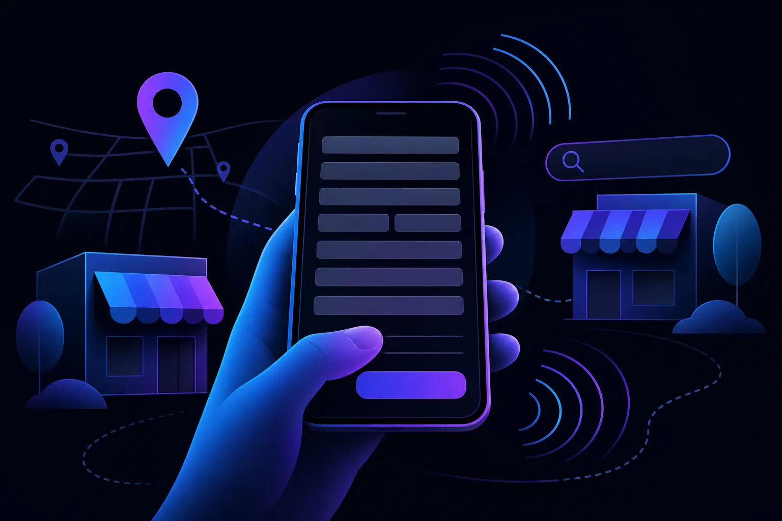 Illustrated hand holding smartphone showing a dark form UI with multiple rows, flanked by store icons and a map location pin