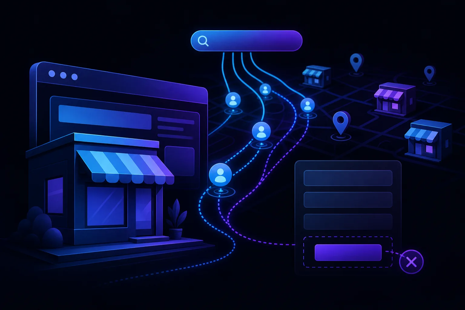 Dark-themed 3D illustration of a storefront, website UI, search bar, user icons along a path, map pins, and a blank form with button.