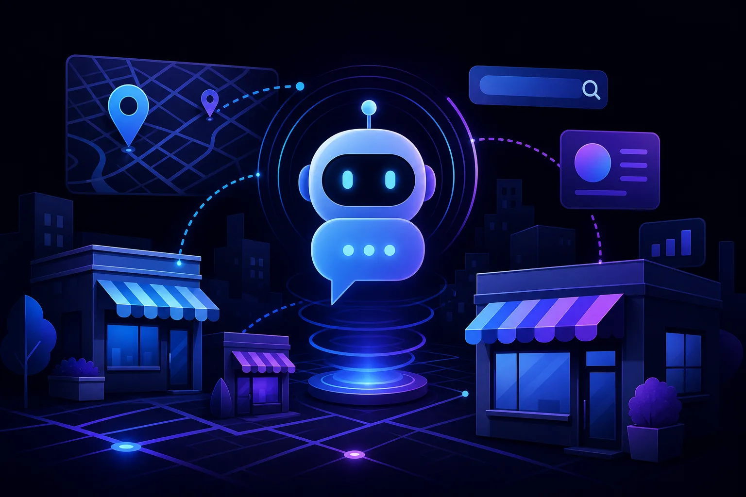 Glowing AI chatbot robot surrounded by small retail storefronts, map pins, and a search bar on a dark blue background.