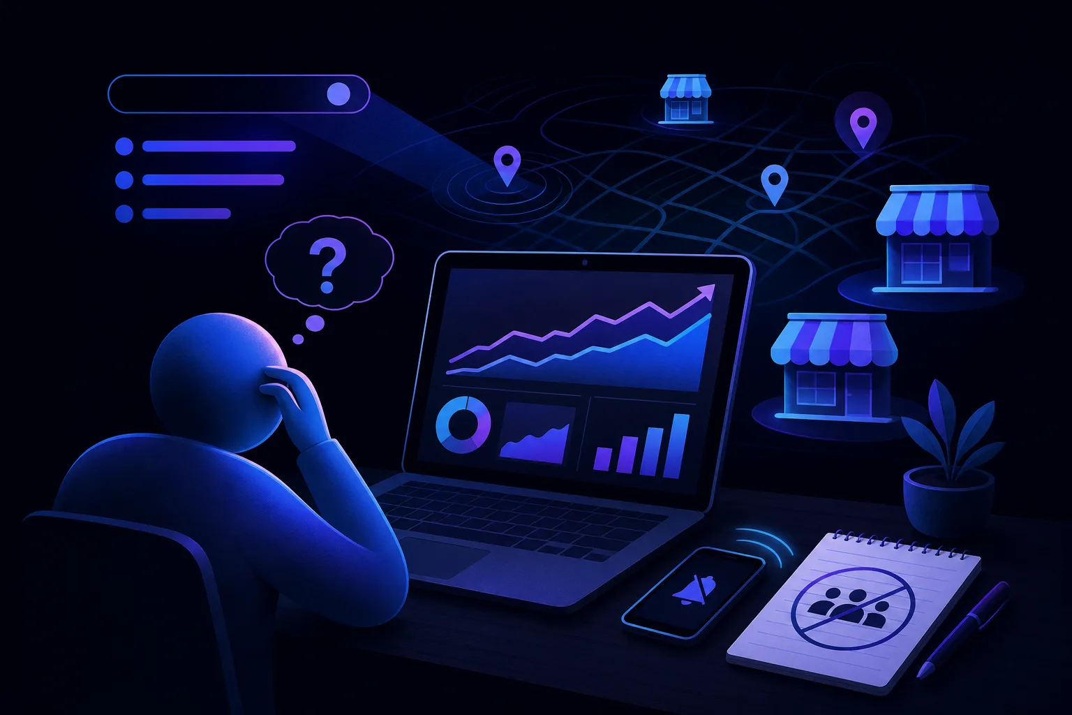 Stylized figure sits at desk, hand on head, viewing laptop with rising analytics chart; store icons and map pins surround