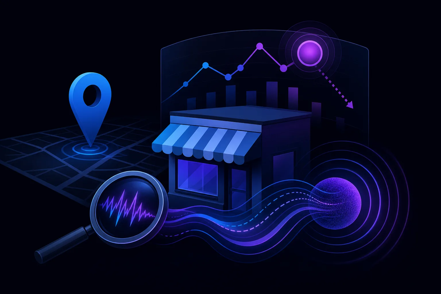 Dark-themed 3D illustration: storefront with map pin, magnifying glass showing waveform, bar/line charts, and downward trend arrow.