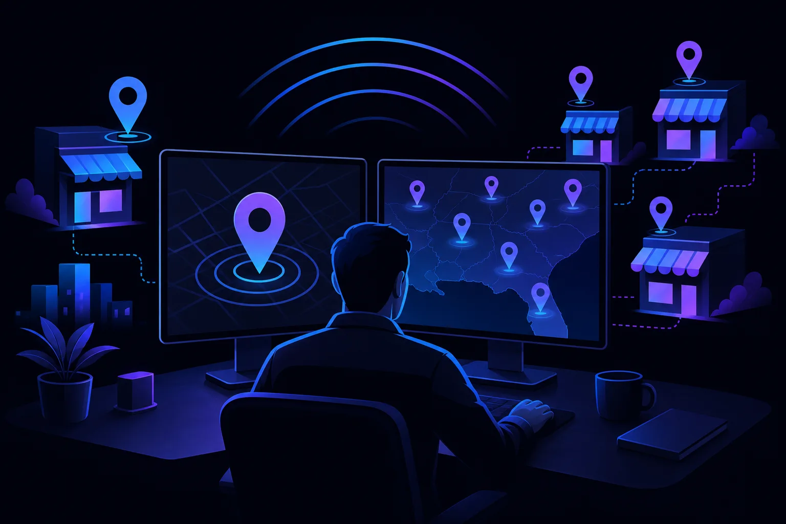 Person seen from behind at a dark desk with dual monitors showing map location pins, surrounded by glowing store icons.