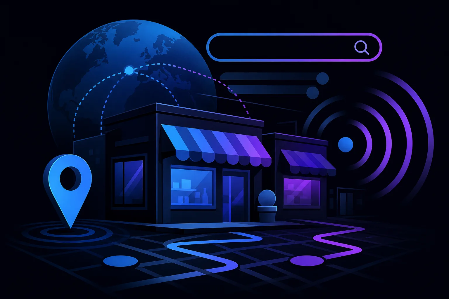 Dark-themed illustration of storefronts with map pin, search bar, globe, and WiFi signal representing local business search.