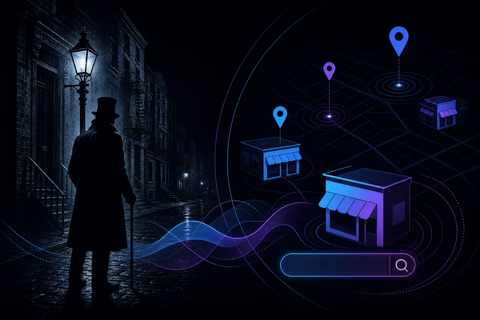 Silhouetted top-hatted figure on rainy gaslit Victorian street, overlaid with glowing digital map pins and storefront icons.