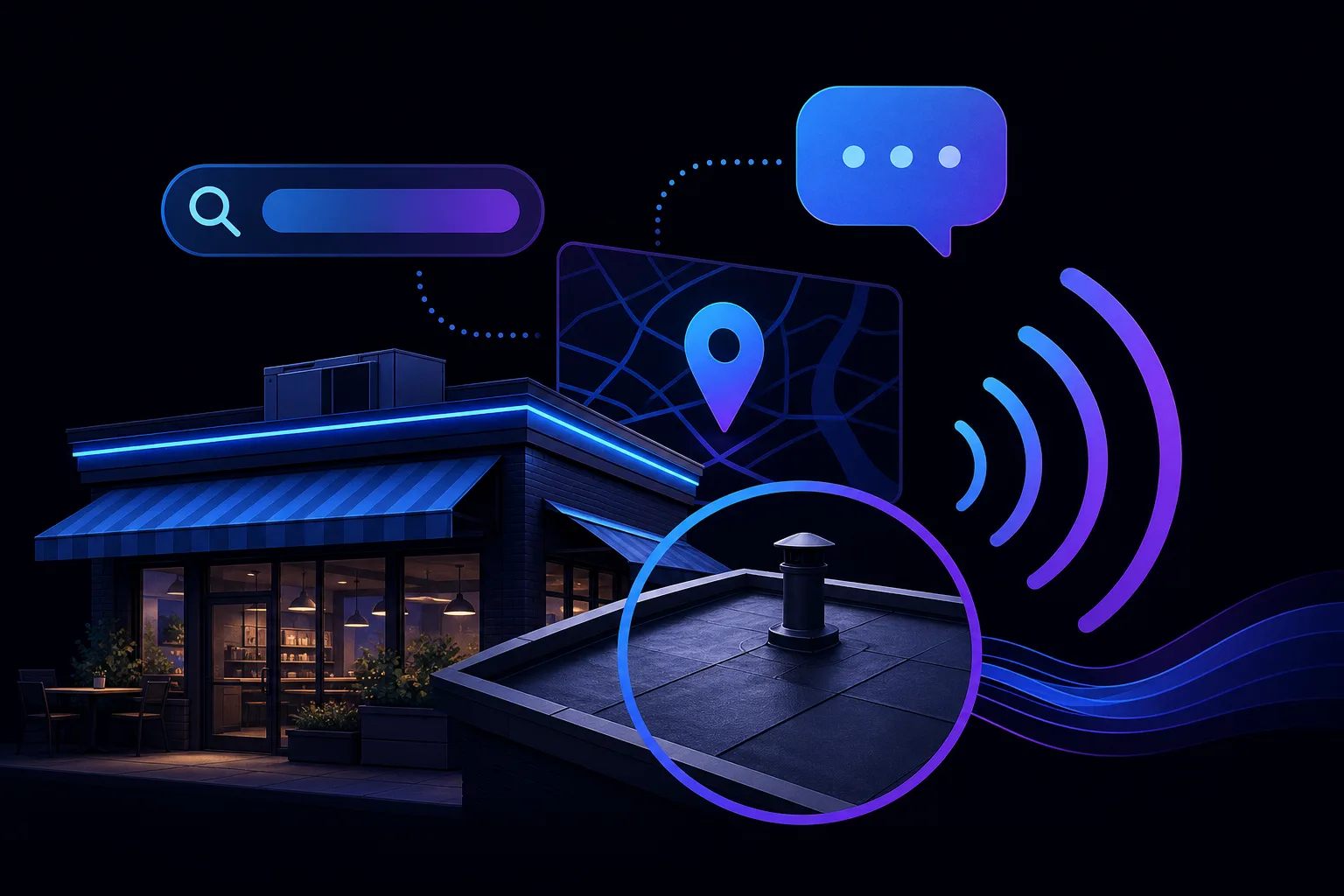 Stylized storefront with search, chat, map pin, and wireless signal icons.