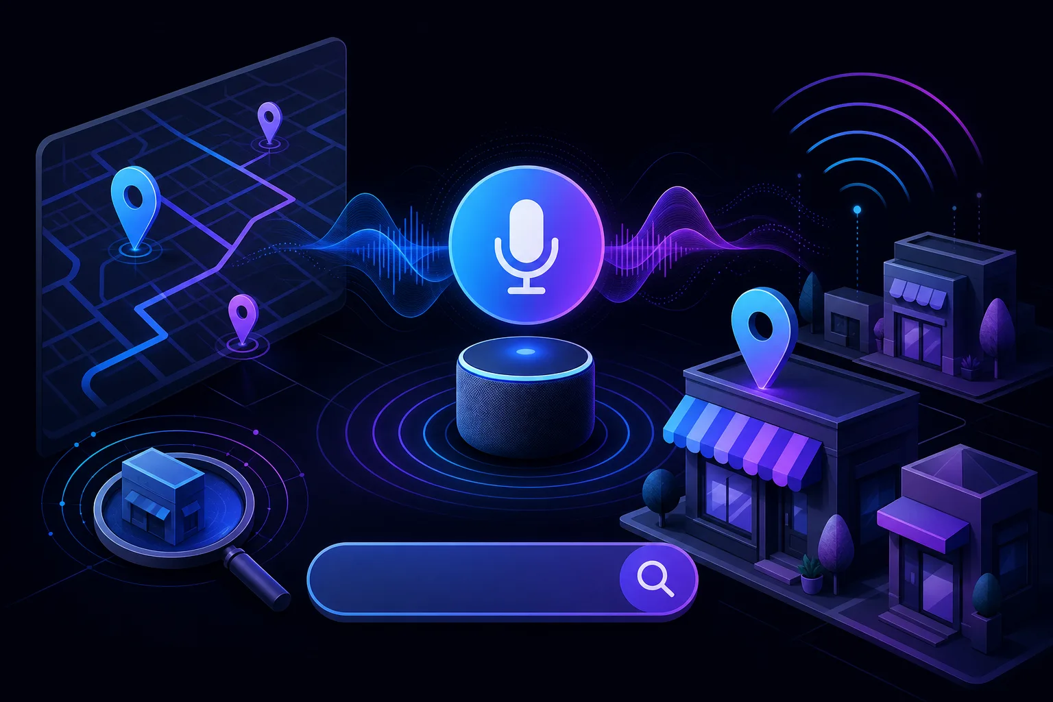 Isometric illustration of a smart speaker with voice waves, map pins, local storefronts, and a search bar on dark background.