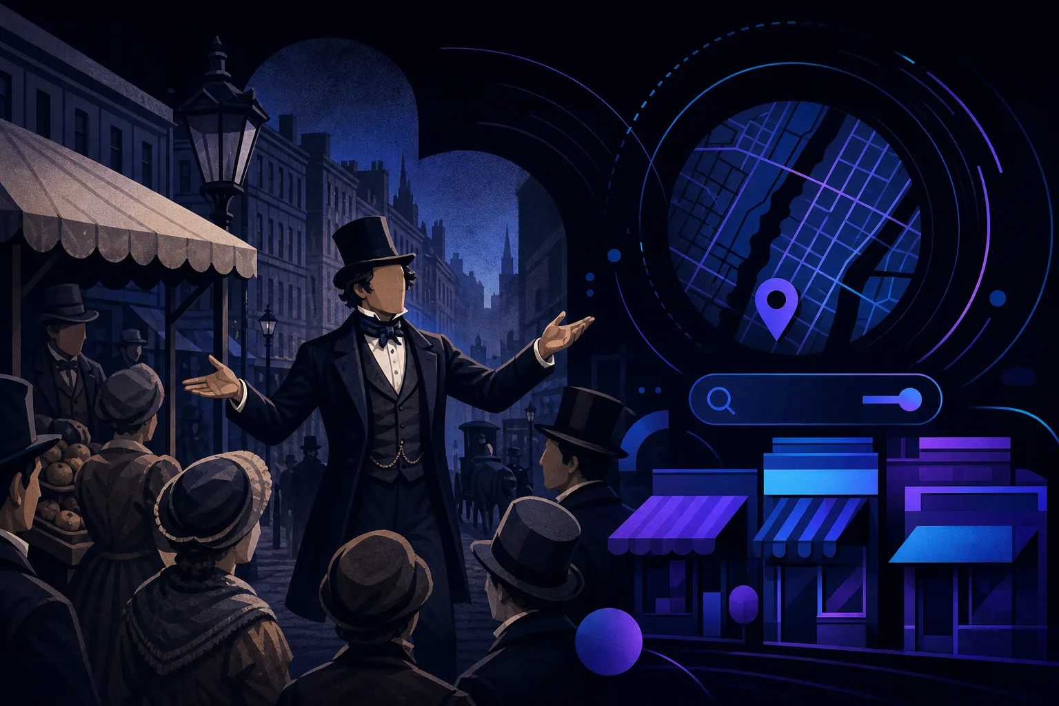 Victorian-era con man in top hat gestures to a crowd on a dark 1840s city street, overlaid with modern map and shop UI graphics.