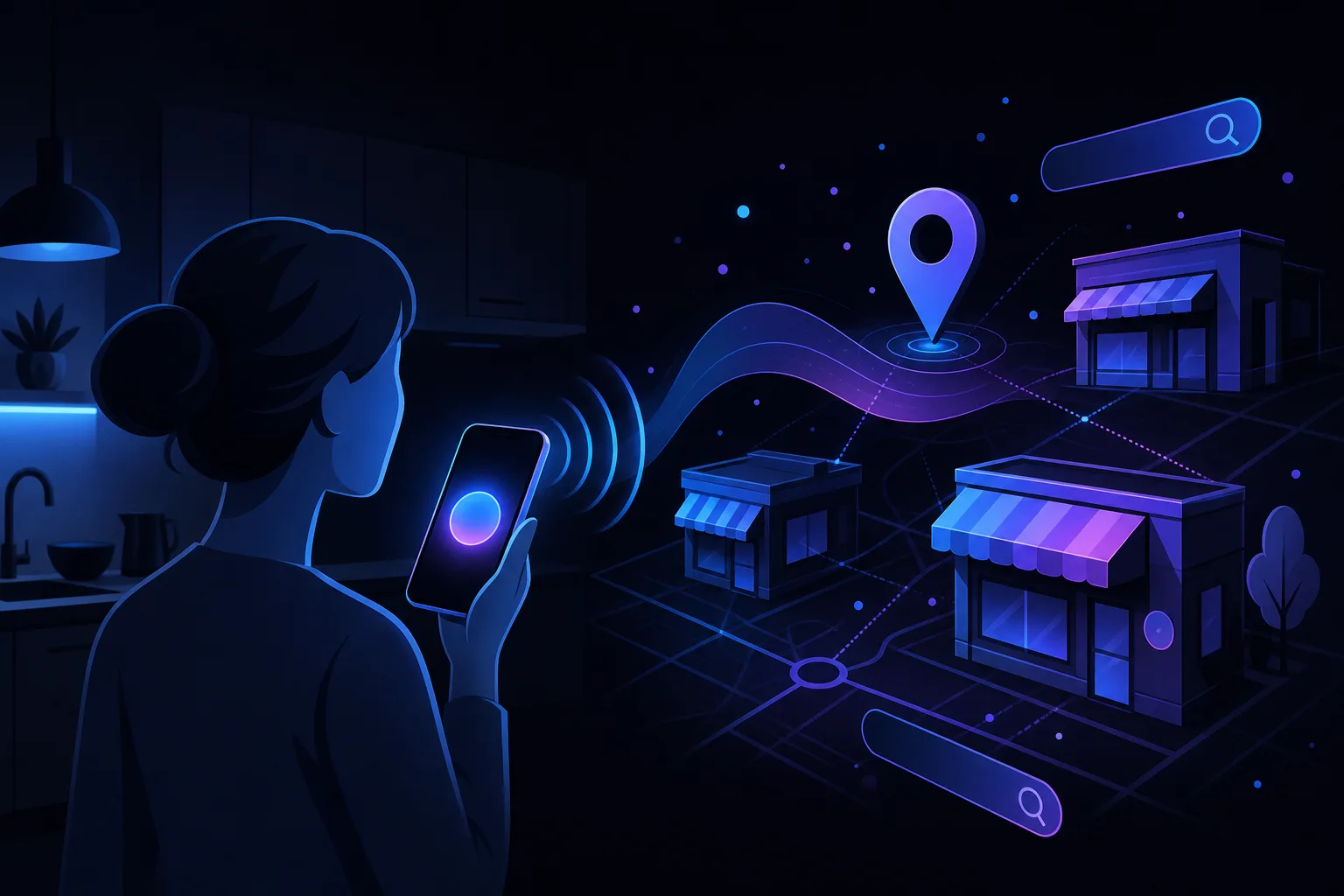 Woman in dark kitchen holds glowing smartphone toward floating map with store pins and search bars in blue digital illustration