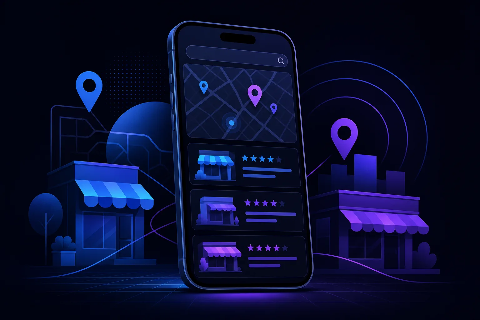 Dark-themed illustration of a smartphone showing a local map with pins and three business listings with star ratings flanked by storefronts.