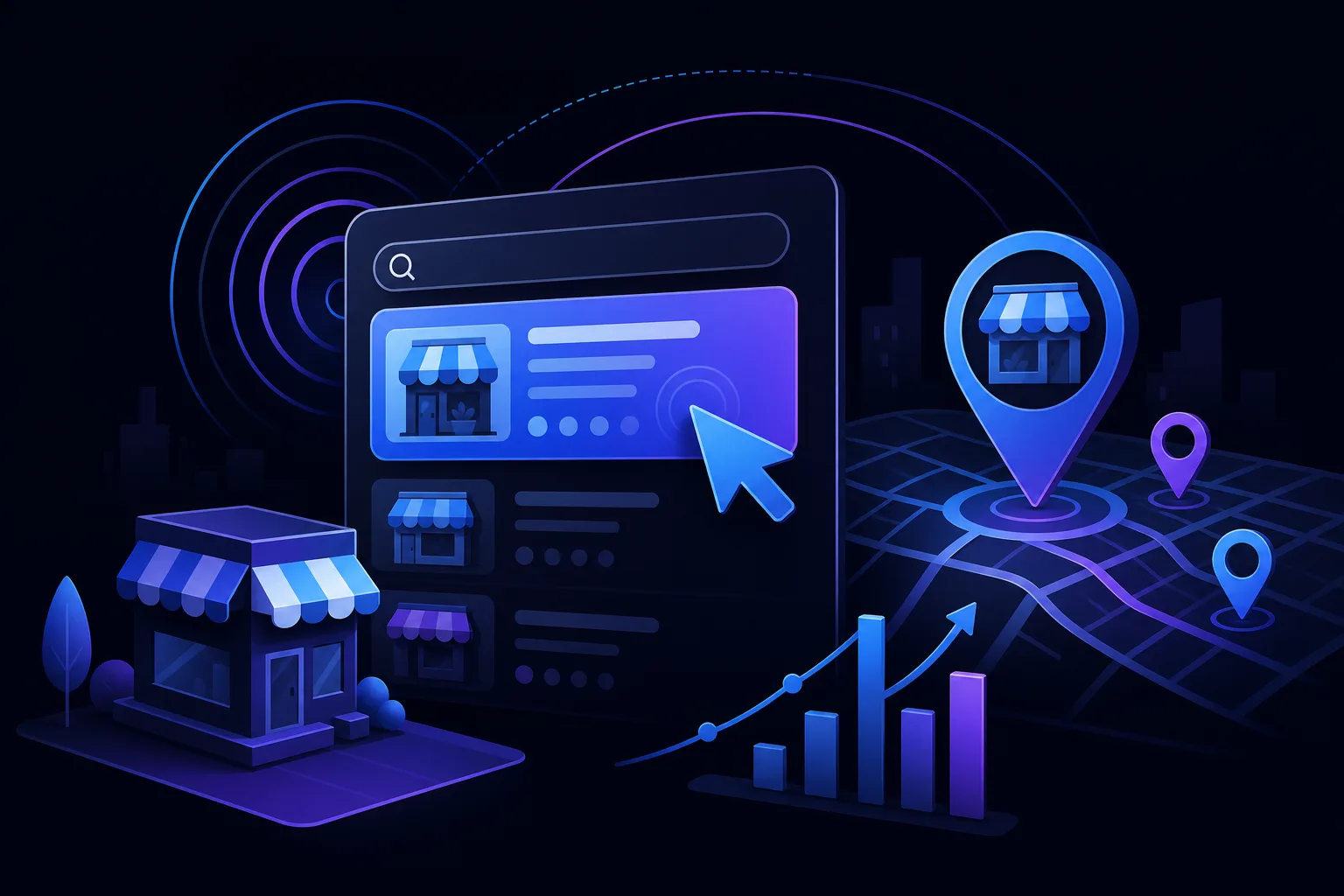 Dark-themed illustration of local business search results, map pins, a cursor clicking a listing, and a rising bar chart.