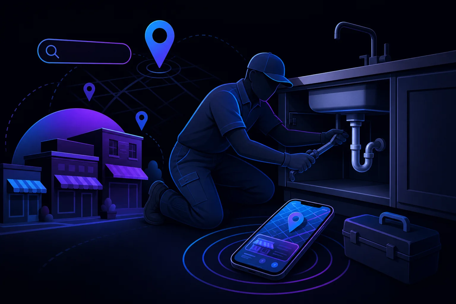 Illustrated plumber in uniform kneeling under a sink fixing pipes, smartphone with map on floor, toolbox nearby, dark blue theme.