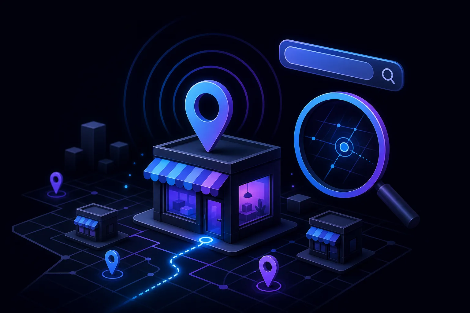 Dark isometric illustration of a glowing storefront with map pins, search bar, magnifying glass, and digital map grid