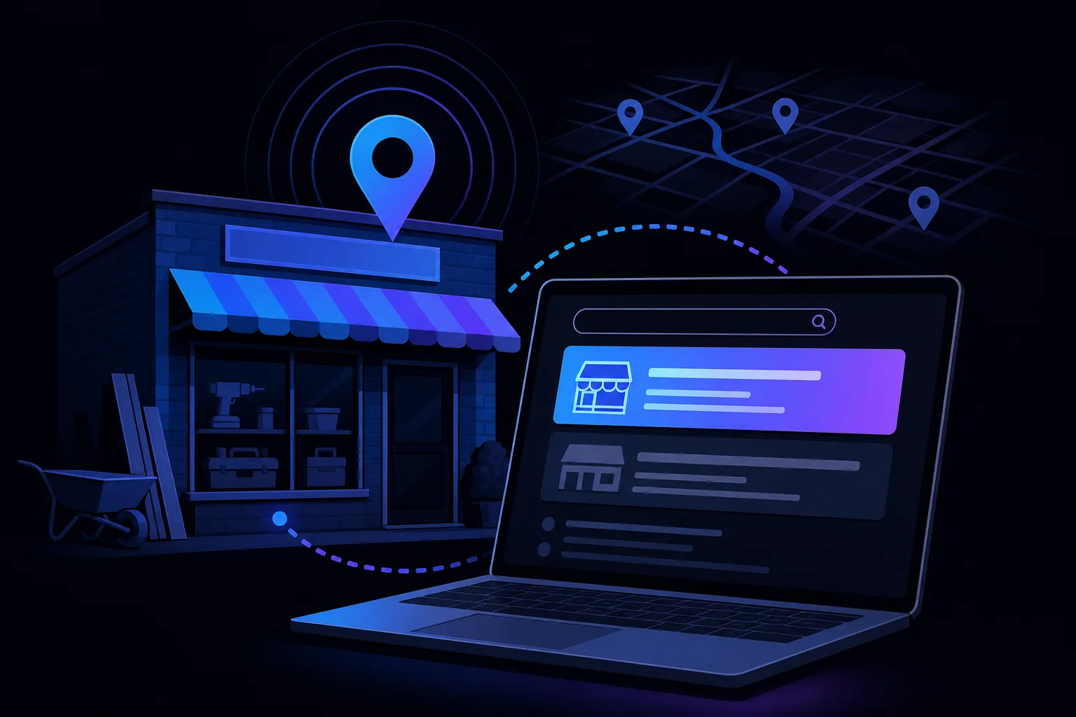 Dark-themed illustration of a hardware store storefront with a location pin above it and a laptop showing a local business search result.