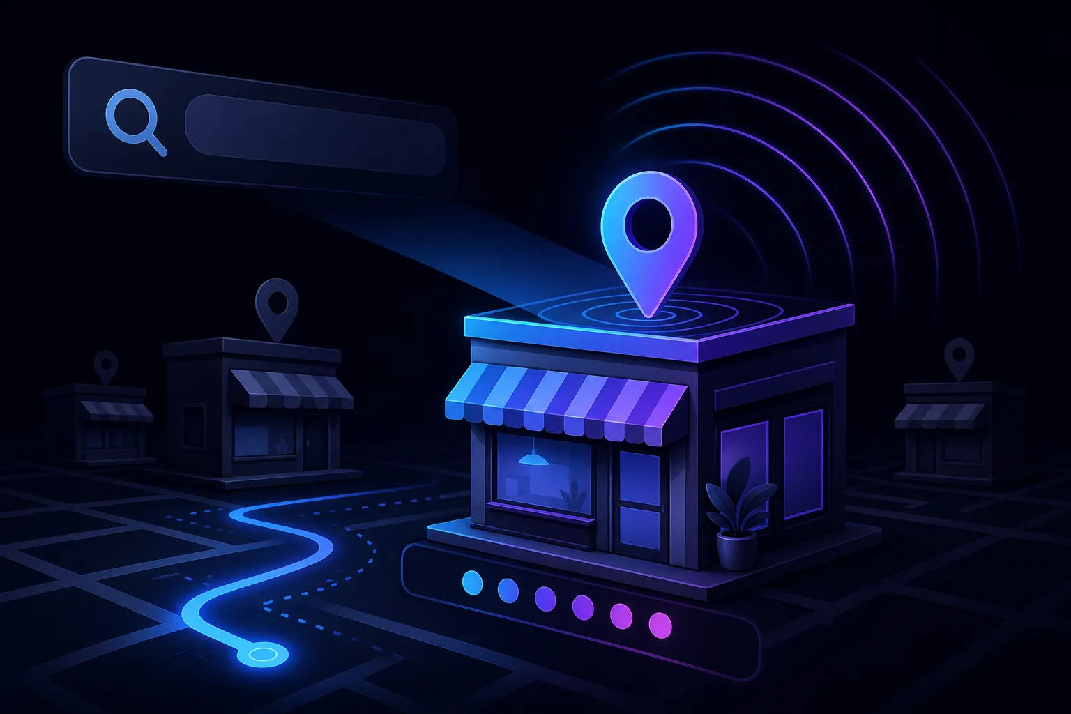 Dark-themed 3D illustration of a glowing storefront with a location pin, search bar, and signal waves on a map grid