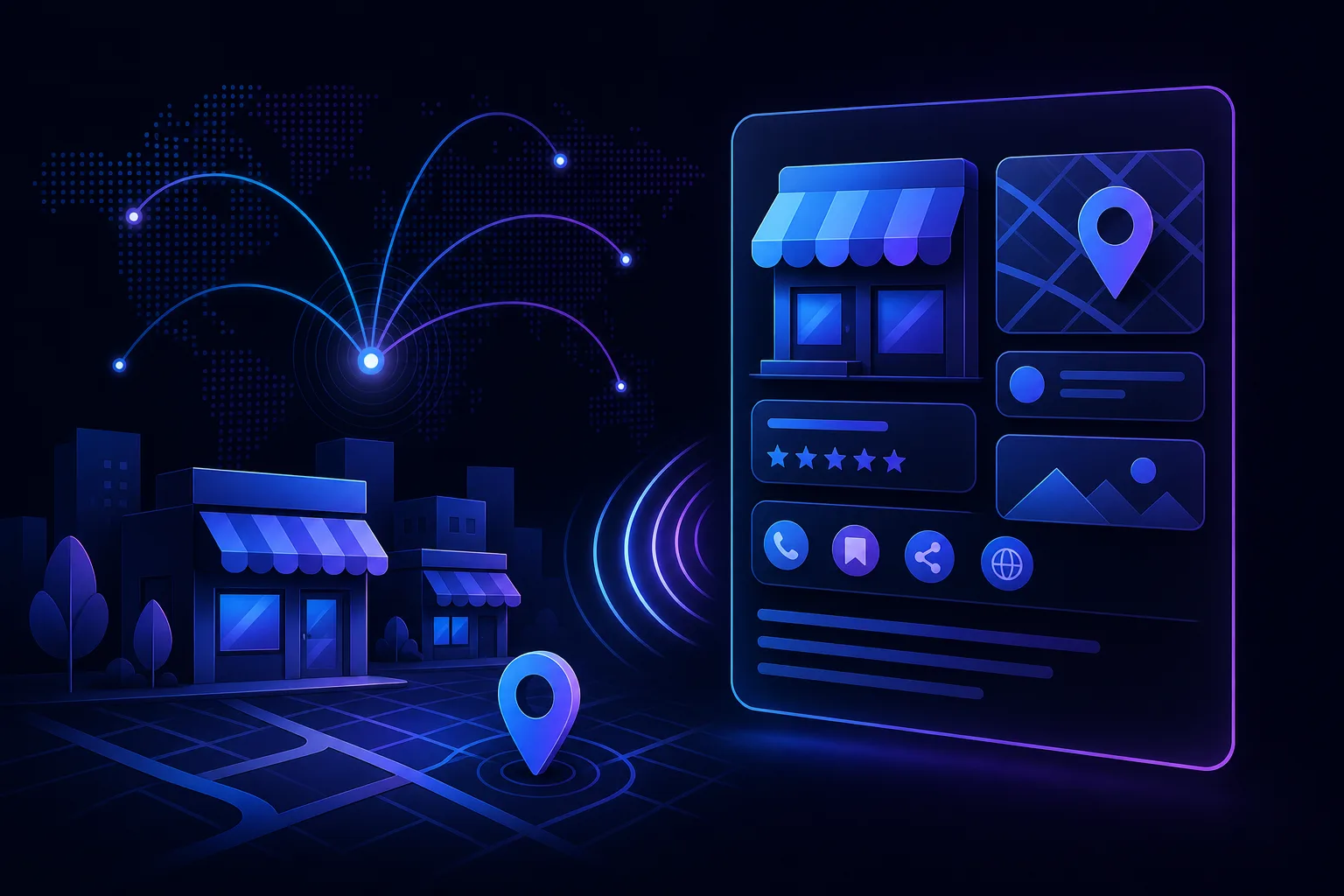 Dark blue illustration of local storefronts, a map pin, and a digital business listing card with stars, icons, and a map.