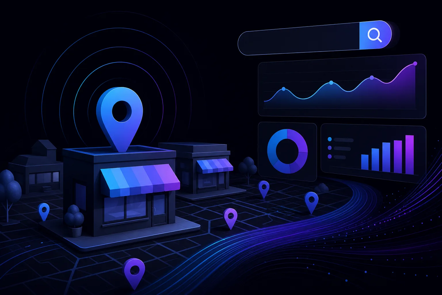 Dark-themed 3D illustration of a local storefront with map pins, a search bar, line chart, donut chart, and bar graph.