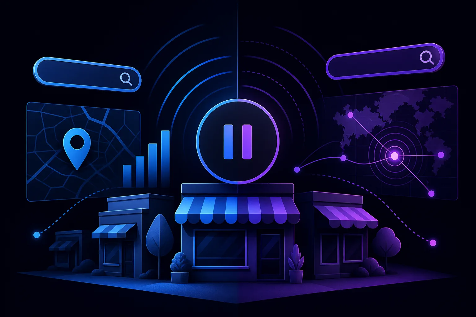 Dark blue/purple 3D illustration of local storefronts with search bars, map pin, bar chart, and a pause button icon overhead