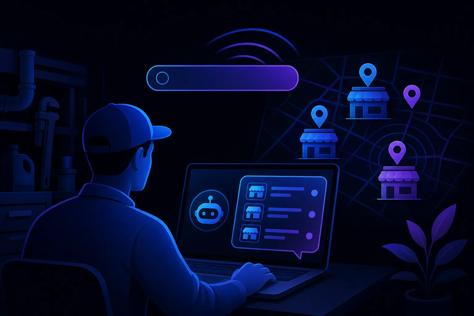 Person in cap at laptop in dark workshop; AI chatbot lists local business storefronts with map pins floating above