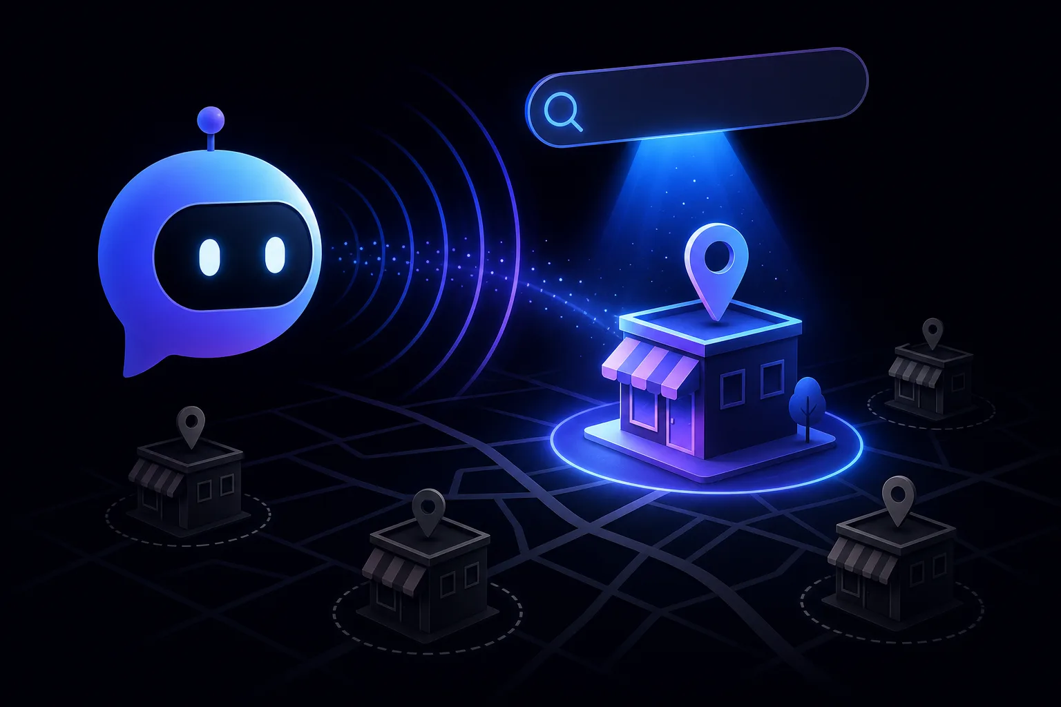 AI chatbot robot icon emitting signals toward a glowing highlighted storefront on a map grid, surrounded by dimmer competitor stores