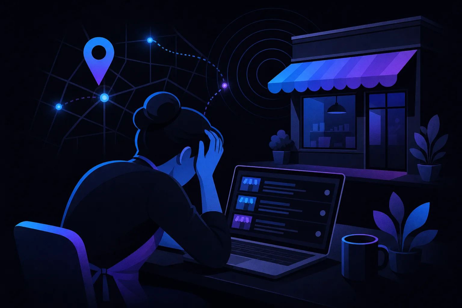 Frustrated person at laptop at night, map pin and storefront with signal waves visible in dark blue illustrated style