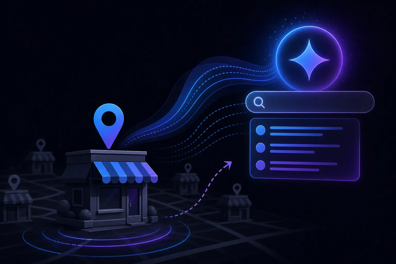 3D storefront with location pin, glowing search bar, AI star icon, and data streams on dark digital map grid