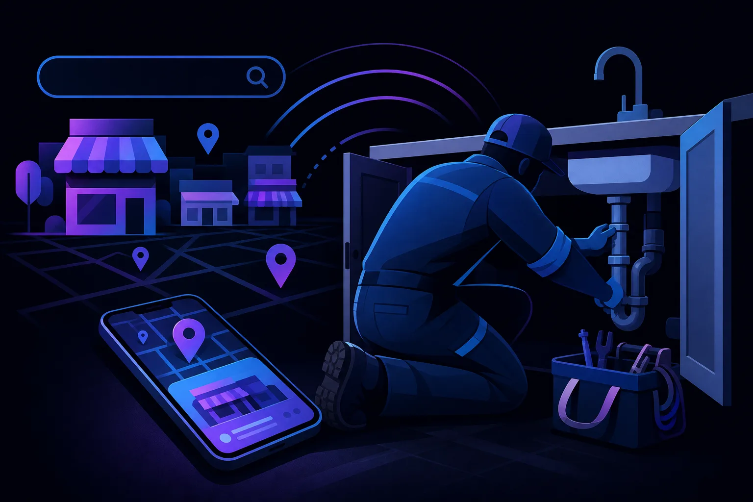 Illustrated plumber in blue uniform crouching under a sink fixing pipes, toolbox nearby, smartphone with map on floor, dark blue tone