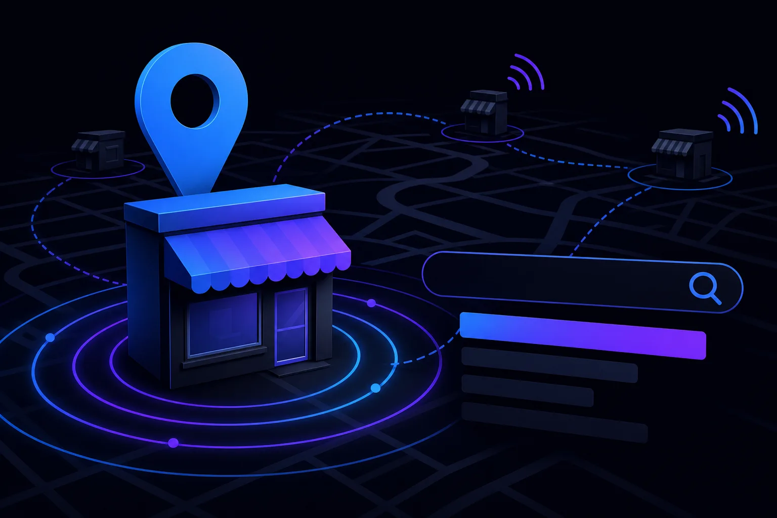 3D dark-theme illustration of a storefront with map pin, search bar, and connected business locations on a city map grid
