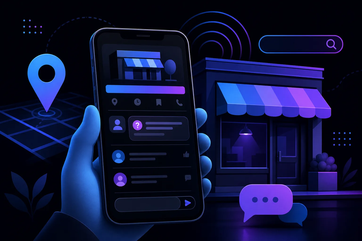 Hand holding smartphone showing business profile Q&A interface, storefront with awning, map pin, search bar, chat bubble in dark blue-purple