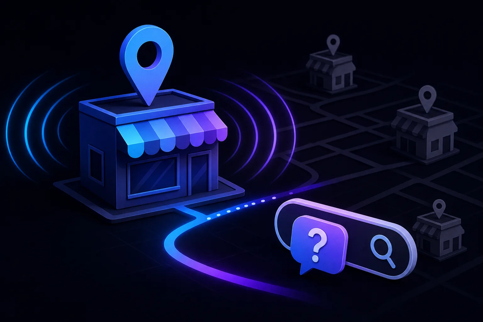 Glowing blue storefront with location pin, search bar with question mark icon, and map grid showing competitor stores nearby.
