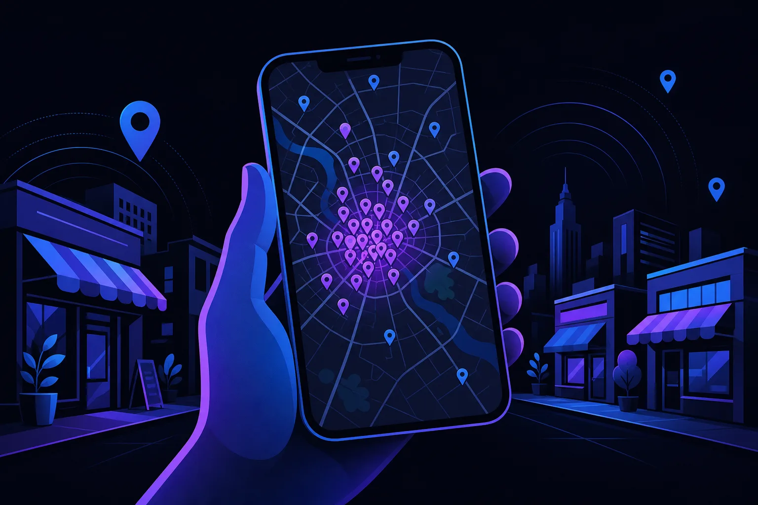 Hand holding smartphone displaying dark-mode city map with clustered purple location pins near center, urban storefronts behind