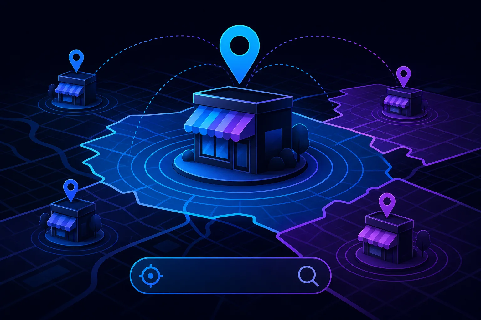 Isometric digital map with multiple store icons, location pins, and a search bar illustrating local business geo-ranking zones.