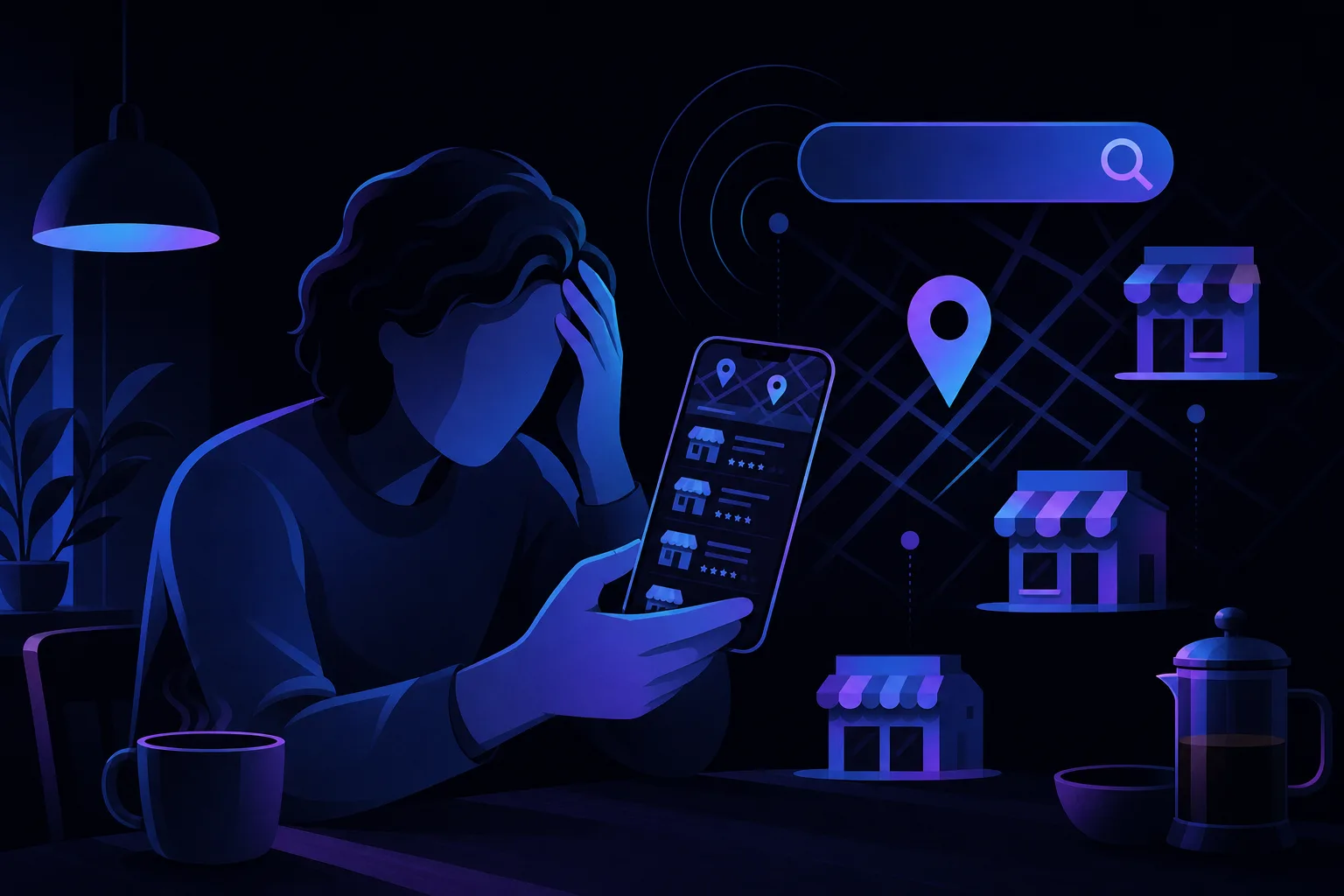Frustrated person at dark table holding smartphone showing local business listings, with map, location pins, and shop icons nearby.