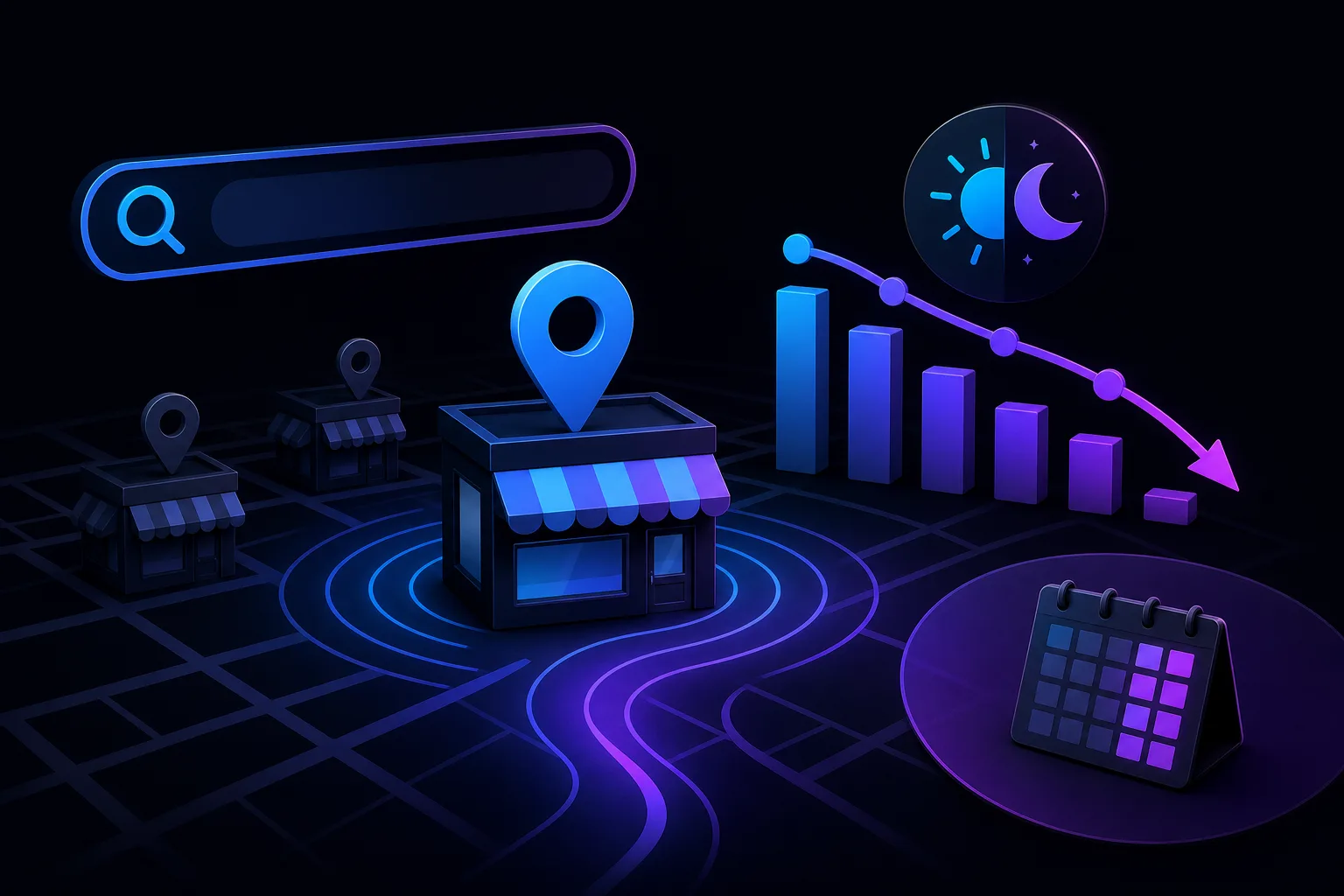 Neon 3D scene: storefront with location pin, search bar, declining bar chart, day/night icon, and calendar on dark grid map.