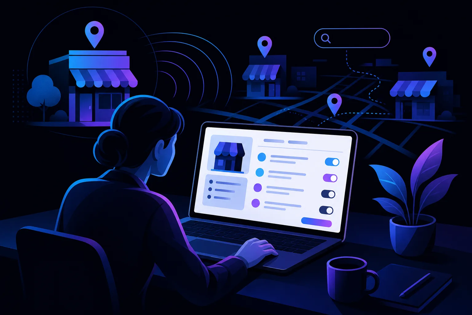 Woman viewed from behind working on laptop showing business profile UI, surrounded by map pins, store icons, and search bar