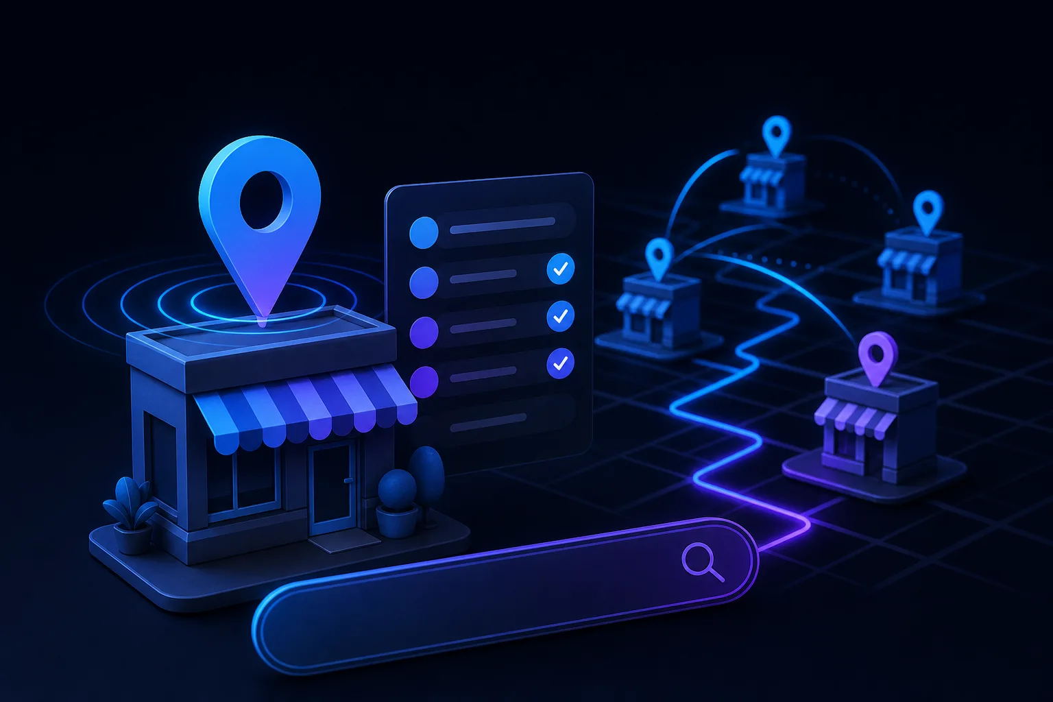 3D dark-themed illustration of storefronts with map pins, a checklist panel, neon route path, and a search bar on a grid map.