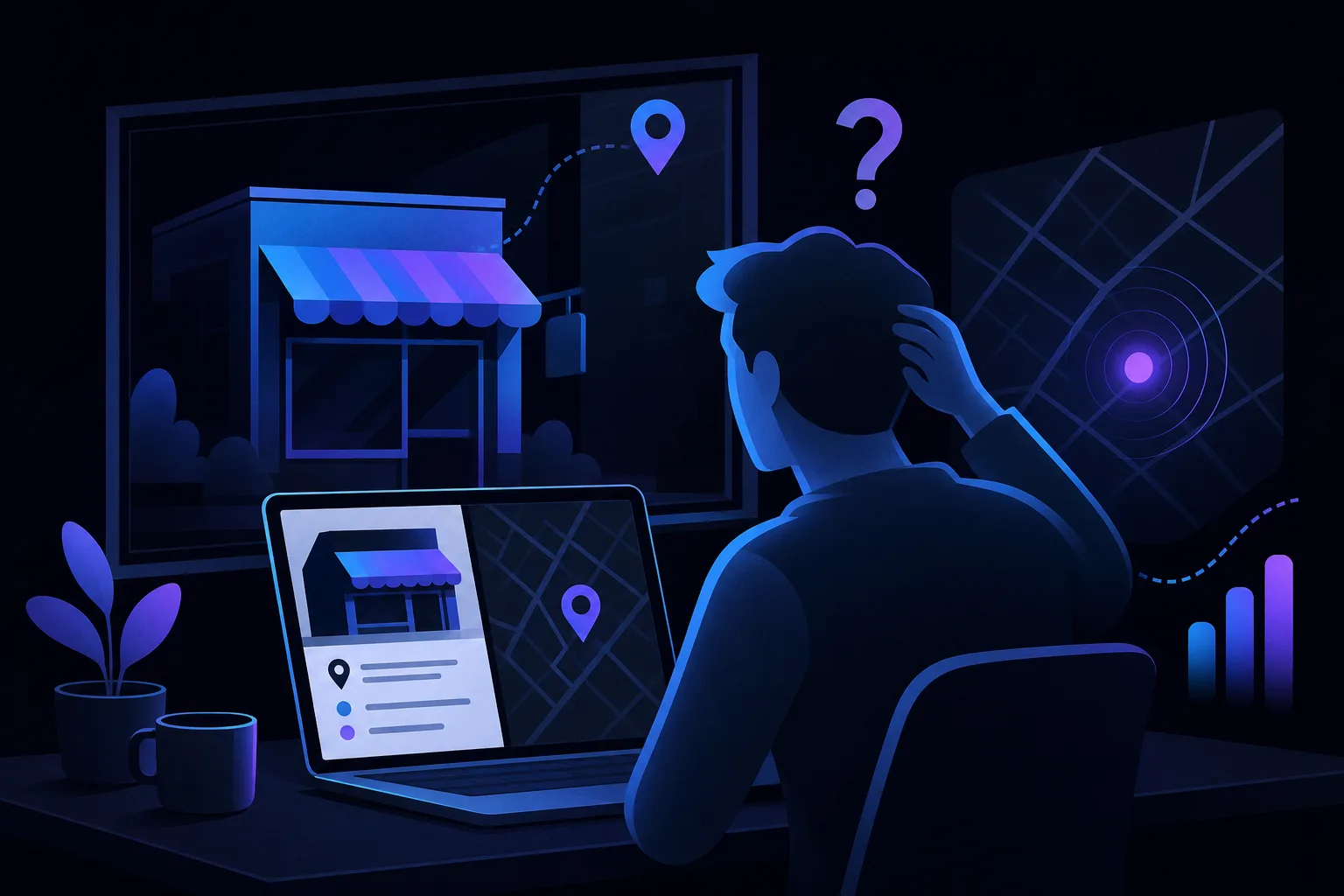 Person at dark desk looks confused at laptop showing a map business listing; large monitor displays storefront with location pins.