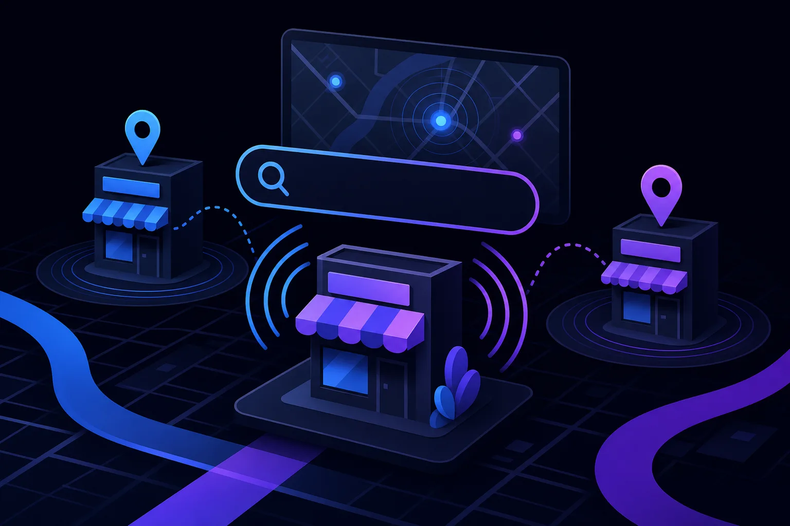 Dark isometric scene: three storefronts with location pins, a search bar, and a map screen on dark blue background.