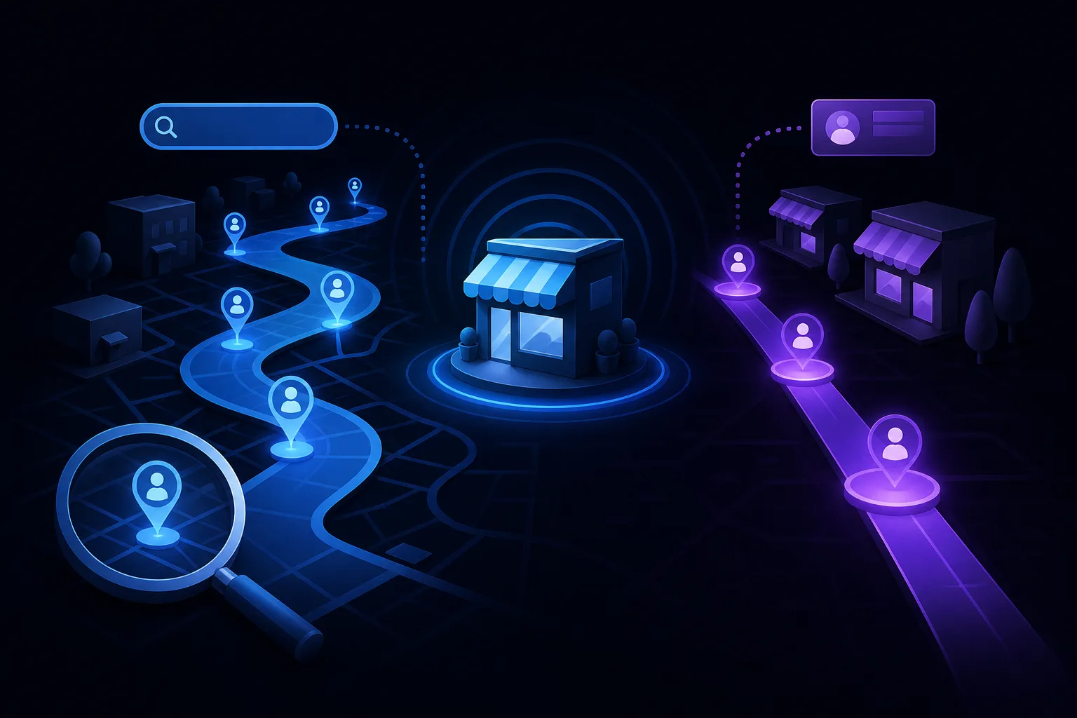 Dark digital map with glowing blue winding path and purple straight path, both with user pins leading to a central storefront icon