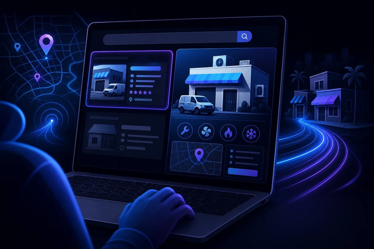 Person using laptop showing HVAC business listing with van, storefront, service icons, and map pin on dark blue UI