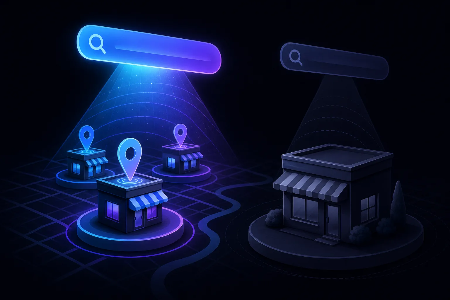 Two storefronts side by side: left glows blue with location pins and active search bar; right sits dark and unsearched.