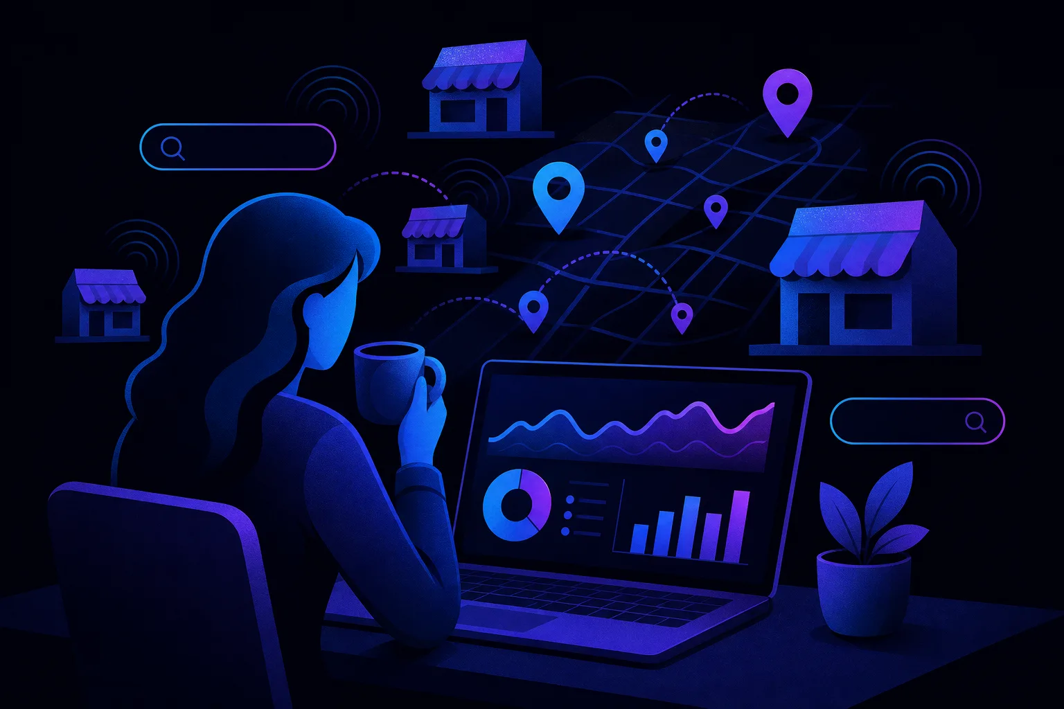 Woman holding coffee cup views analytics dashboard on laptop, surrounded by floating map pins, store icons, and search bars.