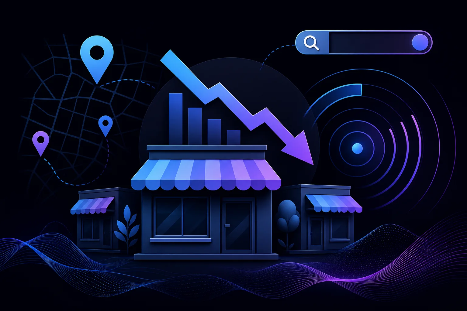Dark-themed illustration of storefronts with a declining bar-chart arrow, map pins, search bar, and signal waves.