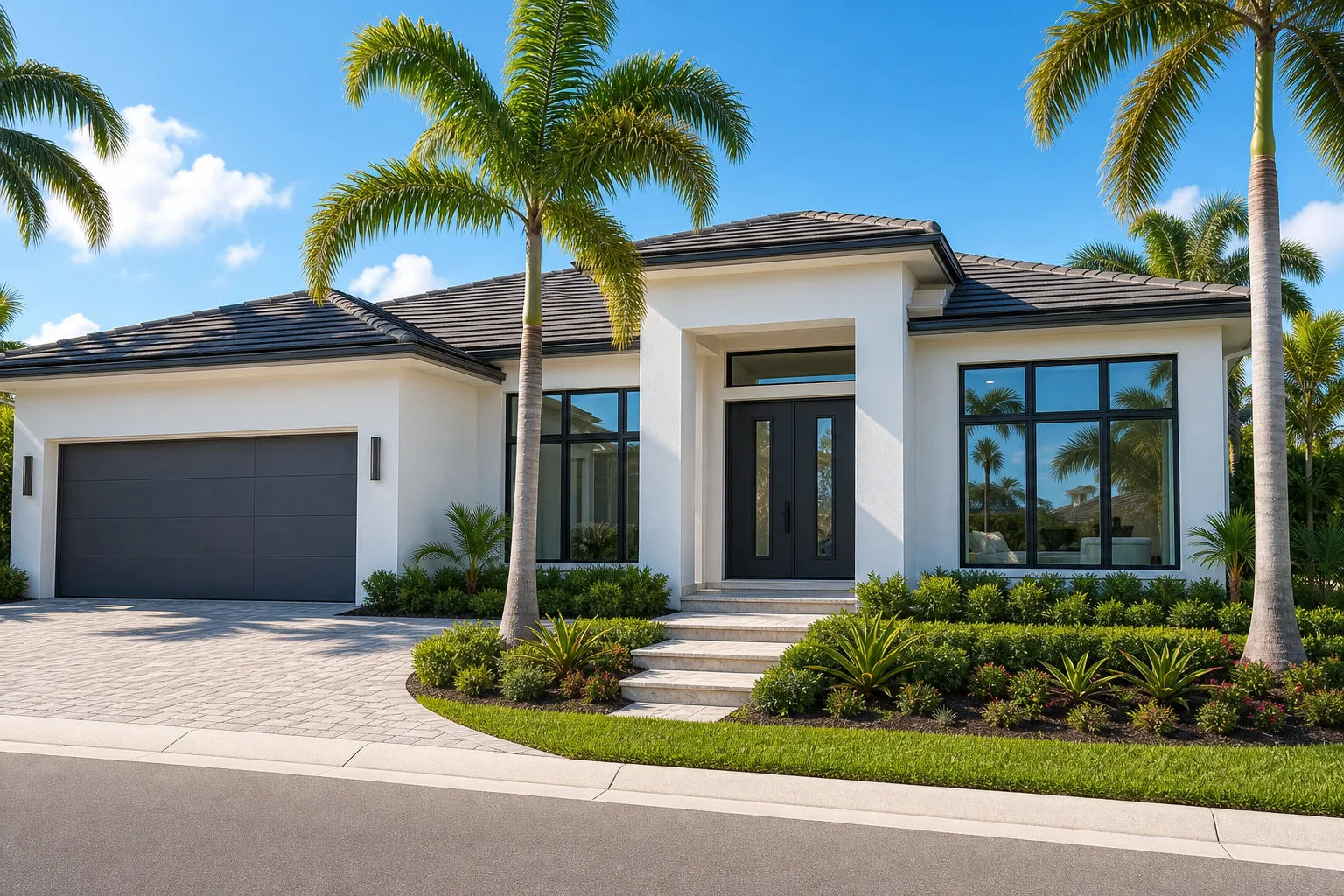 Modern white stucco South Florida home with dark impact windows, reinforced double entry door, palm trees, and paver driveway.