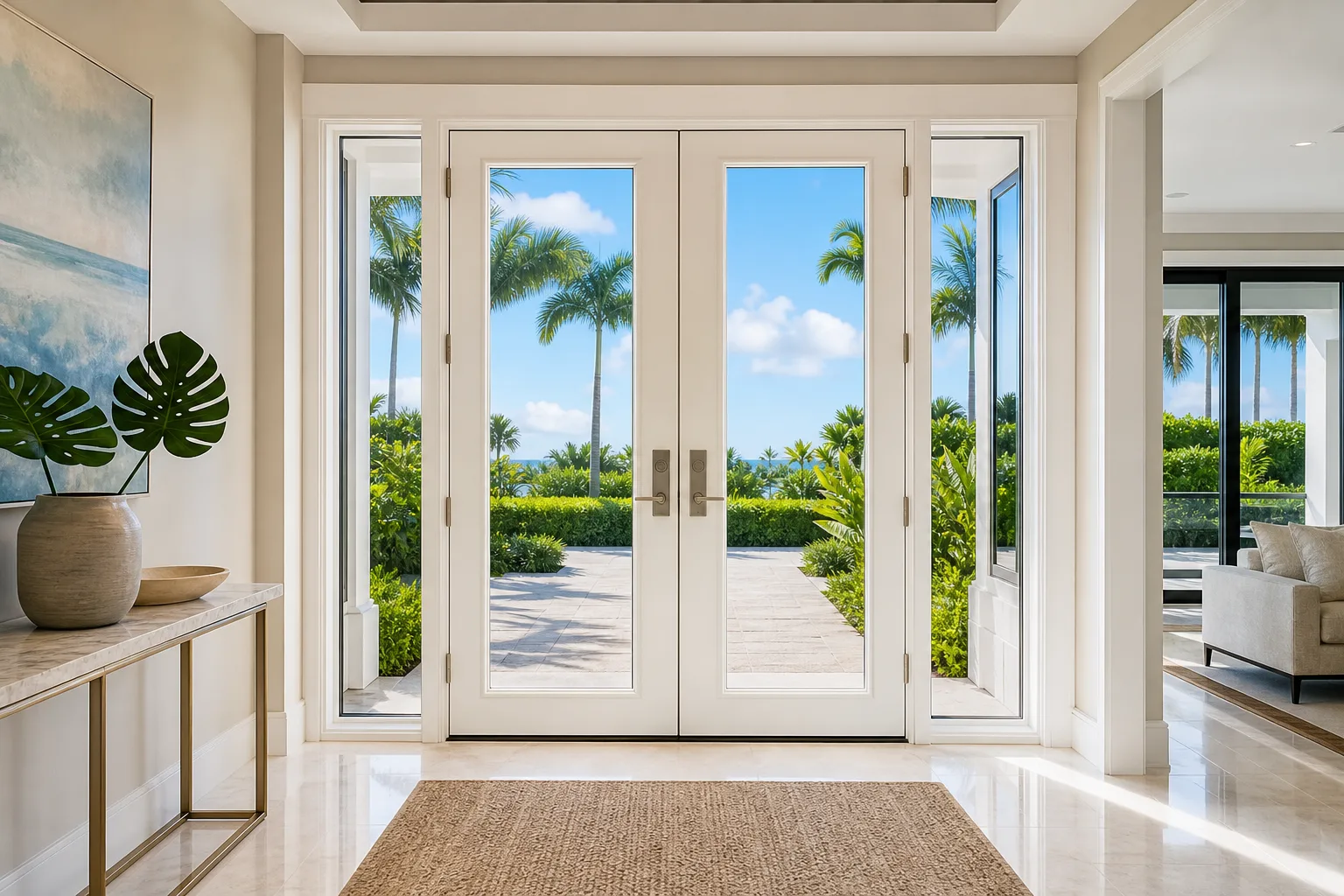 Elegant foyer with white double French impact doors, full-lite glass, sidelites, tropical garden and palm tree view beyond