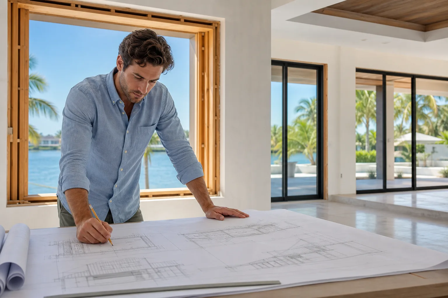 Man in blue shirt leaning over large architectural blueprints on table, pencil in hand, waterfront view behind him.
