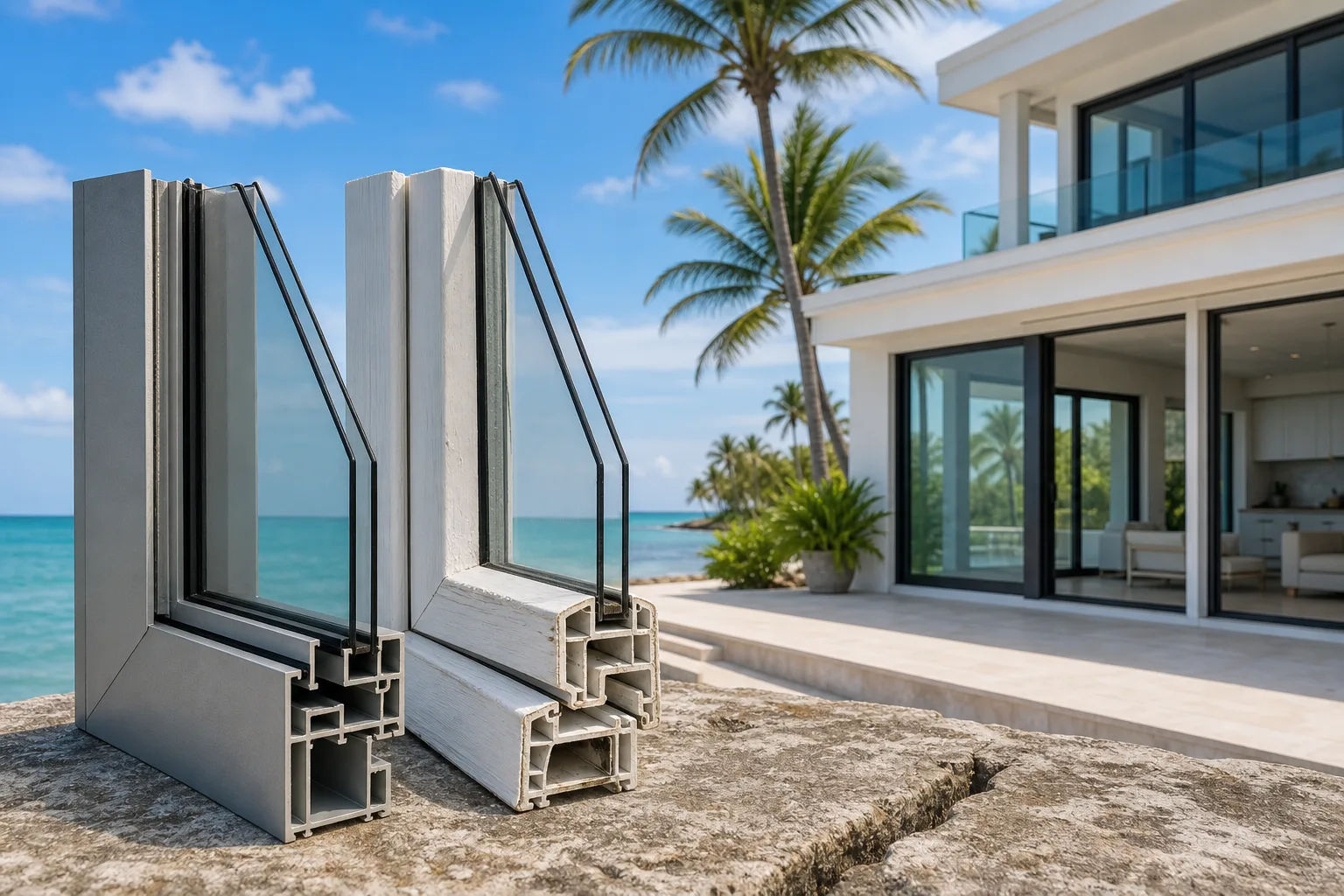 Two window frame cross-sections—aluminum and PVC—displayed side by side on a coastal seawall with a luxury beachfront home behind.