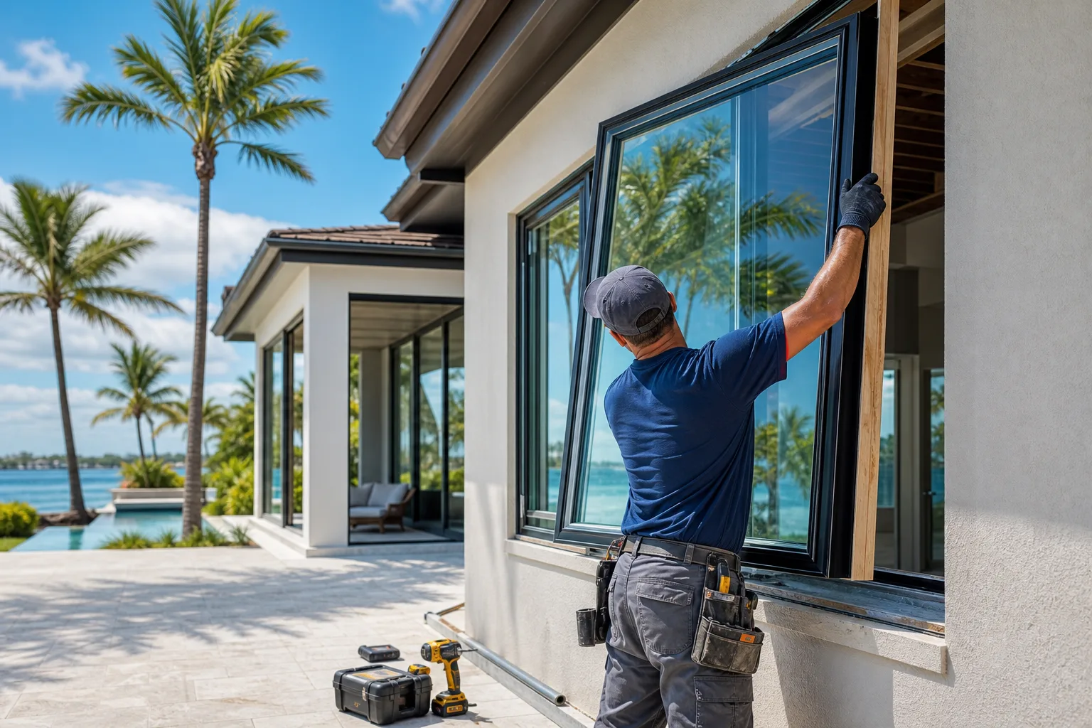 Contractor in blue shirt installs large dark-framed impact window on white stucco South Florida home with palm trees and water view.
