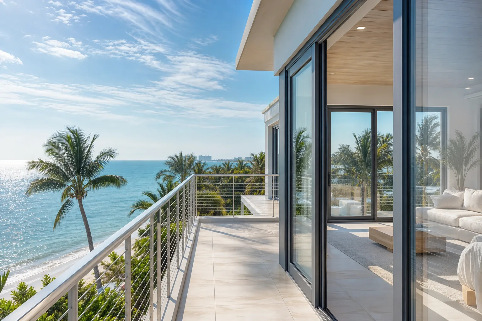 Modern coastal balcony with cable railings, large sliding glass doors, and ocean views framed by palm trees in South Florida