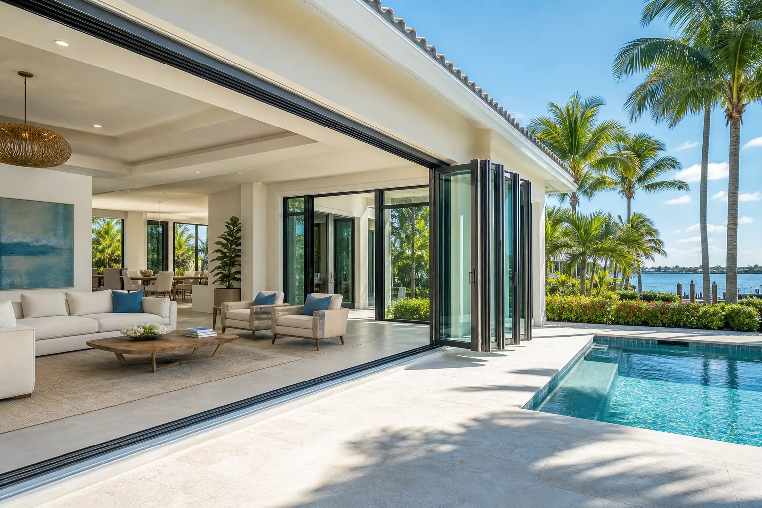 Modern luxury home with open bi-fold glass doors merging living room and pool patio, palm trees and waterway beyond.